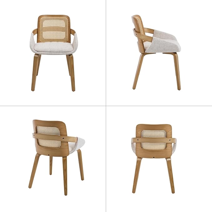 DUOMAY Modern Linen Dining Chairs Set of 4, Cane Back Room Chairs with Solid Wood Legs Kitchen Chairs for Living Room, Restaurant, Beige