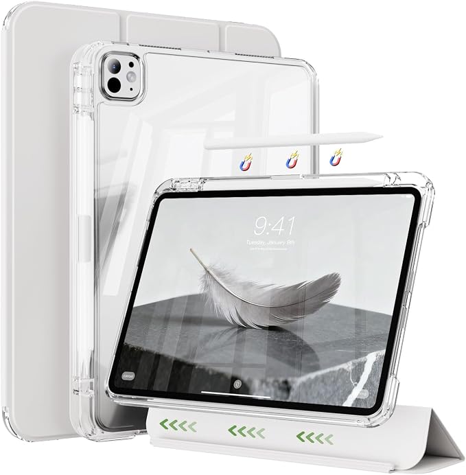 Hybrid Case for iPad Pro 11 Inch 4th/3rd/2nd Generation (2022/2021/2020) with Pencil Holder 2 in 1 Detachable Cover with Clear Transparent Back Shell Support 2nd Gen Pencil Charging Black