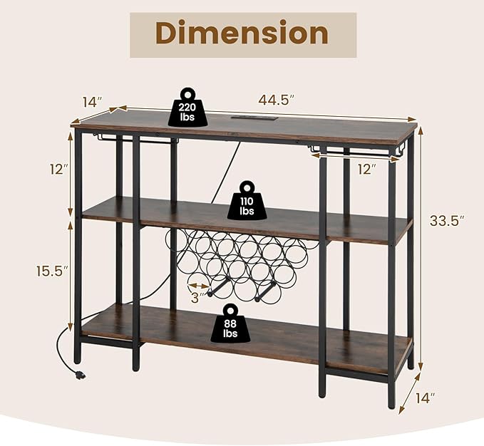 COSTWAY Wine Bar Cabinet, 3-Tier Home Mini Bar for Liquor w/Power Outlets, Glass Holder, Wine Rack, Anti-Tipping Kit, Metal Coffee Bar Table for Home Apartment Kitchen Living Room Pub (Brown)