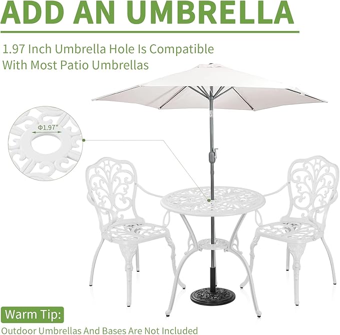 Patio Bistro Set 3 Piece Cast Aluminum Outdoor Bistro Set, Rust Resistance Bistro Table and Chairs of 2 with Umbrella Hole, Small Patio Set for Garden Outside, White