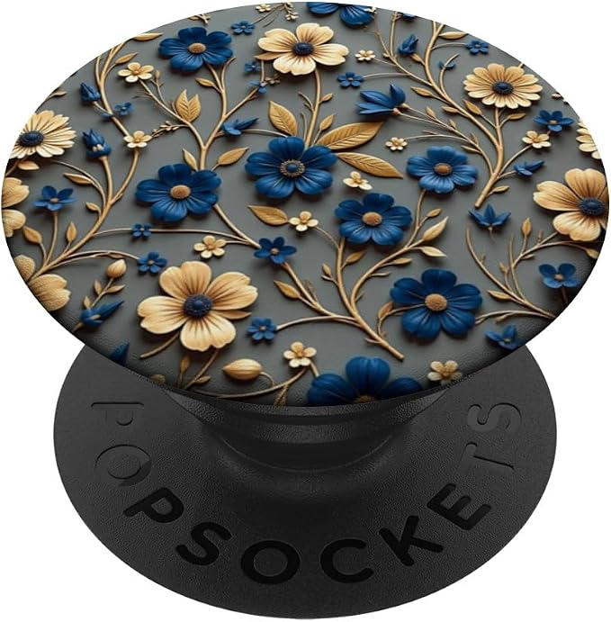 Beige and Blue Floral Print with Leaves Design PopSockets Adhesive PopGrip