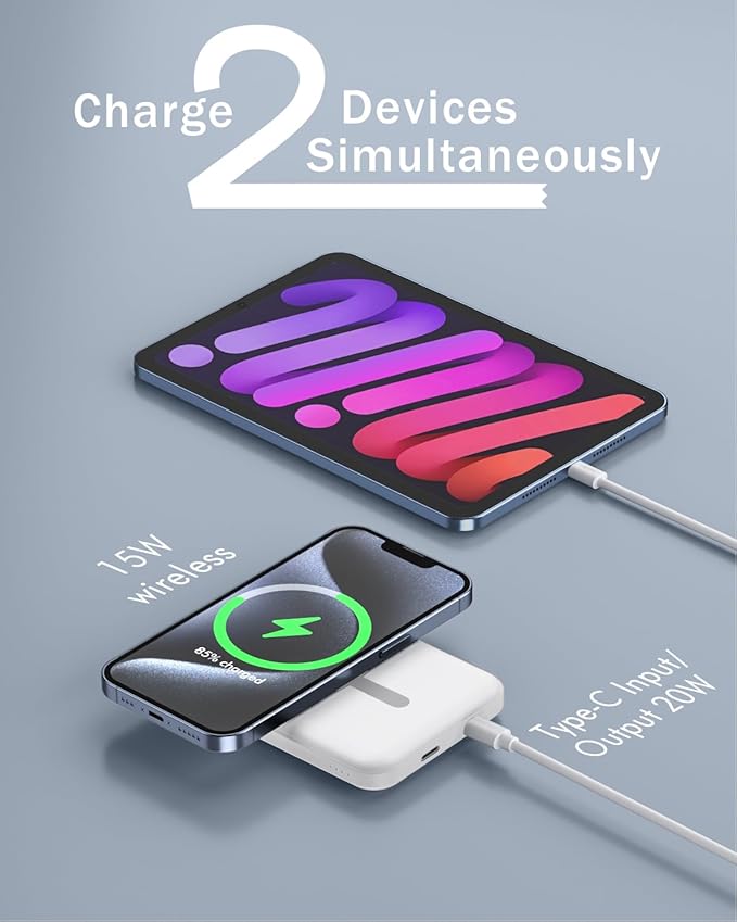 podoru for Magsafe Battery Pack, 5000mAh Magnetic Power Bank with Type-C Cable 20W PD Fast Charging Lighting Input Wireless Portable Charger for iPhone 16/15/14/13/12/ All Series-White