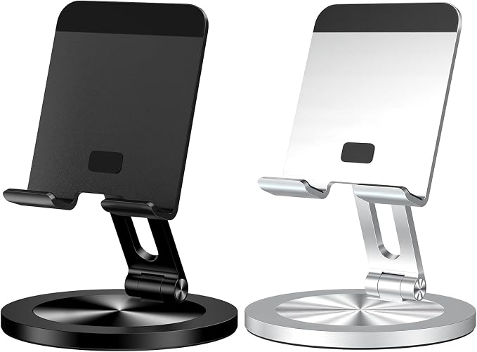Phone Stand for Desk 360° Rotating Dual Adjustable Foldable Cell Phone Holder Heavy Solid All-Aluminum Base Anti-Slip Stable Support for Home Office Study Fits iPhone Galaxy 4-8 Phones