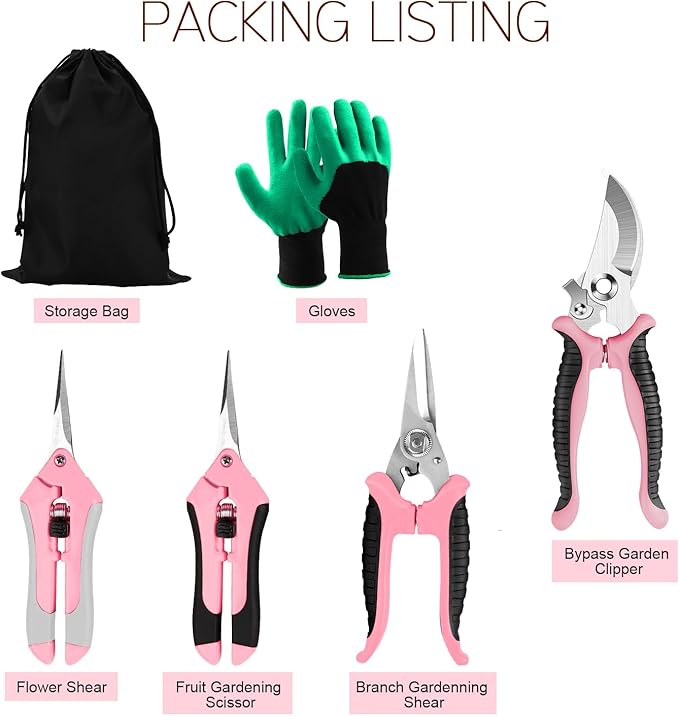 4 Packs Garden Pruning Shears Stainless Steel Blades Handheld Pruners Set with Gardening Gloves(Pink)