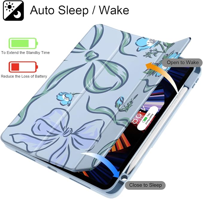 Mektron Case for iPad Pro 11 inch Case M2 2022 Generation 4th Fit 2021 2020 2018 iPad Pro 11 (3rd 2nd &amp 1st Gen) -Buit in Pencil Holder with Shockproof Cover Clear Shell Blue Bows &amp Flower