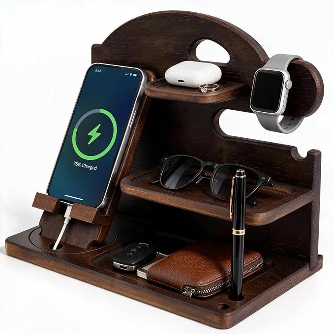 Wooden Phone Docking Station for Men Solid Wood Nightstand &amp Desk Organizer Ideal Gift for Dad and Husband