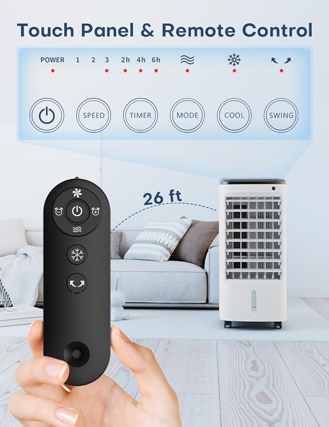 CENSTECH 4-IN-1 Portable Air Conditioners, Evaporative Air Cooler w/3Modes & 3Speeds, 12H Timer for Smart Auto-off, 1-Gal Tank for 15H Cooling, 26FT Remote, No Hose Needed, 70°Oscillating Swamp Cooler