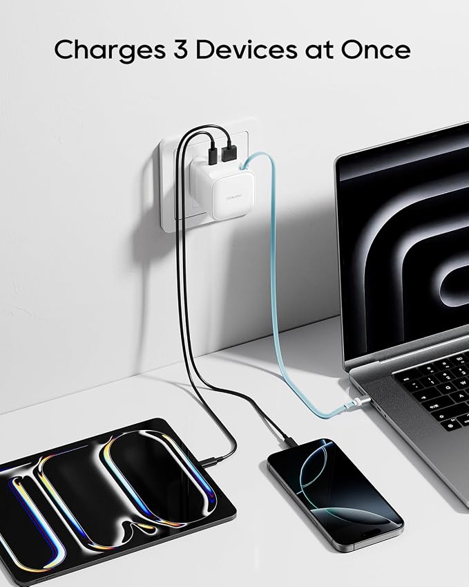 CUKTECH CP6 65W GaN USB C Charger with Built-in Retractable Cable (2.3ft) 2-Port Fast Charging Wall Power Adapter for iPhone 17/16/15 Galaxy S26/S25/S24 Pixel 10/9 MacBook Pro/Air iPad AirPods