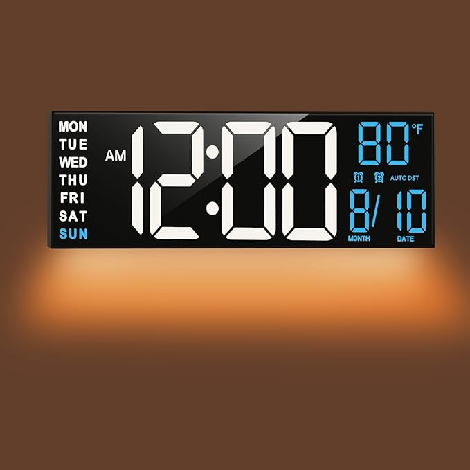 TrophyRak 16" Large Digital Wall Mount Clock, Count Down Timer, Alarm, Big LED, RGB Color, DST, Temperature for Living Room Classroom Desk, Wall, Xmas, Birthday Gift for Senior Mom Dad, White Blue