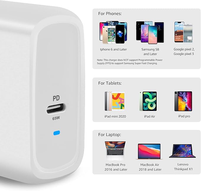 Amazon Basics 68W Two-Port GaN Wall Charger with 1 USB-C (60W) &amp 1 USB-A Ports (18W) with PD for Laptops Tablets &amp Phones (iPhone 16/15/14/13/12/11/X iPad MacPro Samsung More) Non-PPS B