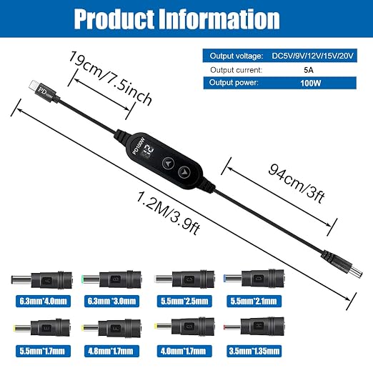 100W USB C to DC Charger Barrel PD Trigger Cable with 8 DC Conversion Heads and LED Display Screen DC 5V/9V/12V/15V/20V to DC Adapter Cable for Netbook Tablets Led Light Routers (3.9ft)