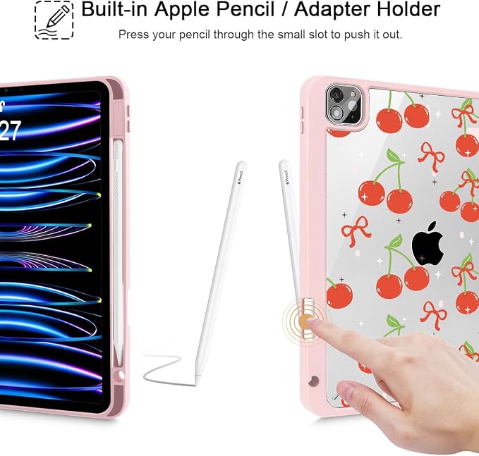Case for iPad 12.9 Inch (6th/5th/4th/3rd Generation 2022/2021/2020/2018) Pencel Holder + Trifold Support Auto Sleep/Wake Transparent Shockproof Back Cover Abstract Floral SD163