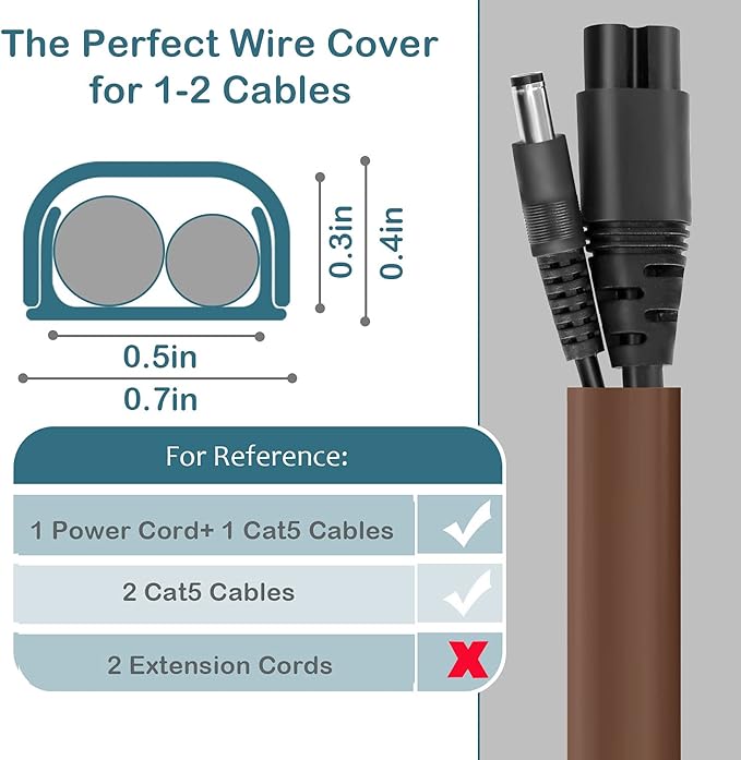 Wire Covers for 2 Cords, 68in Wire Hider on Wall Mounted, Brown Cord Cover Kit, Cable Cover Paintable, Cable Concealer for Extension Cord, Ethernet Cable, Speaker Wire Hider, 4X L17in W0.7in H0.4in