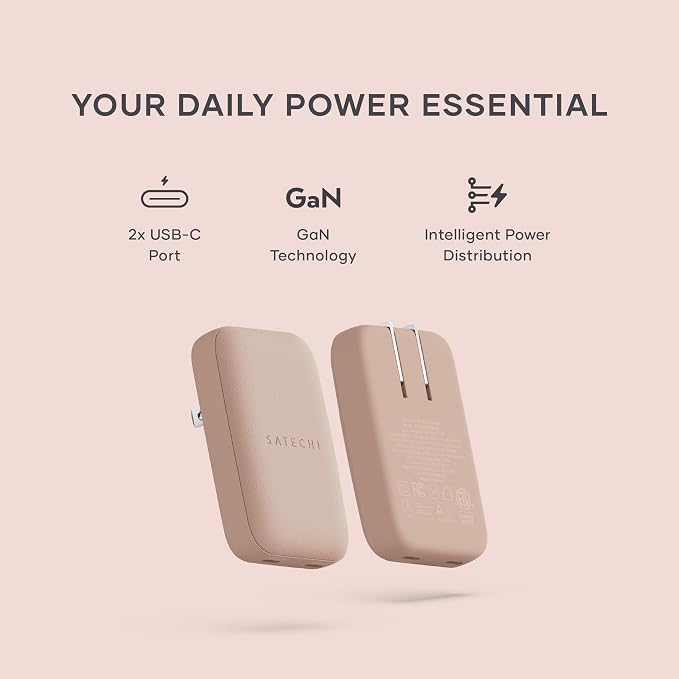 Satechi OntheGo 67W GaN Wall Charger PD 3.0 + PPS Dual USB-C Ports Black | Dual USB-C ports 45W+20W split-charging mode fits MacBook iPad iPhone 17 Galaxy Pixel Steam Deck