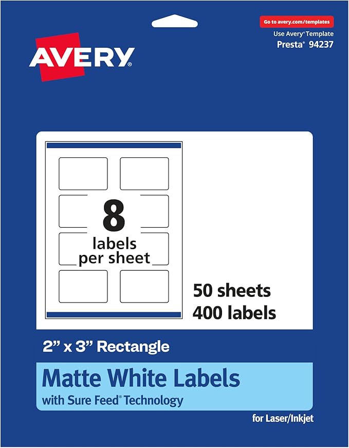 Avery Matte White Rectangle Labels, Sure Feed Technology, 2" x 3", 400 Matte White Printable Labels