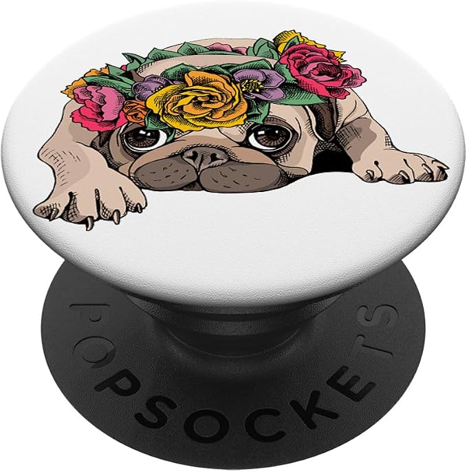 Cute Pug Pop Socket Flower Rose Floral Colorful On White PopSockets Adhesive PopGrip