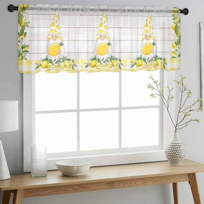 Lemon Dwarfs Sheer Valance Curtains, Gnome Green Leaf Wood Striped Yellow Plaid