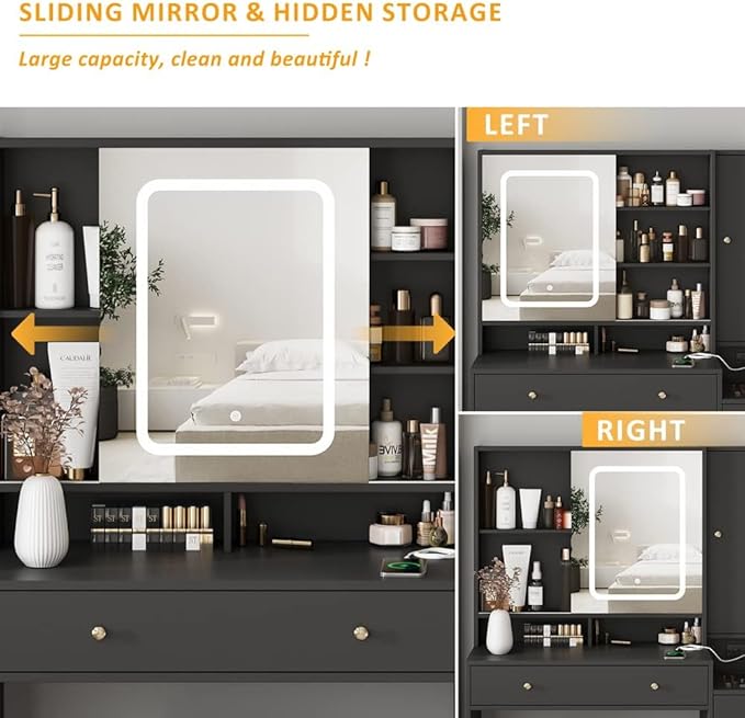 Vabches Vanity Desk with Mirror and Lights, Vanity Table Makeup Vanity with Lights 3 Drawers and Cabinets, Charging Station & Sliding Door, Lots Storage Shelves