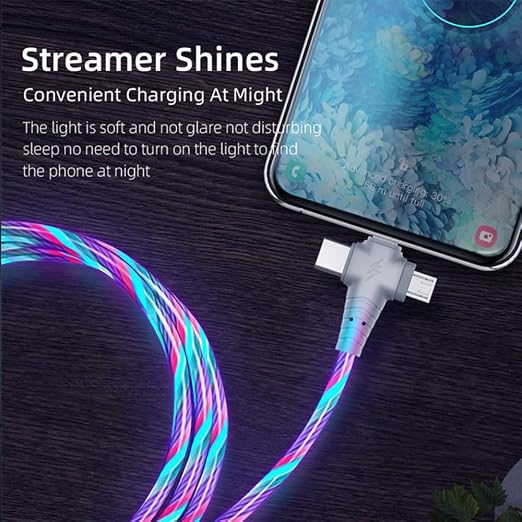 IHAO Multi Ports Light-Up USB Cable USBA to USBC/MicroUSB Cable Durable Fast Charging Cable with Visible Current Flow As Night Light Use-3in1 Blue