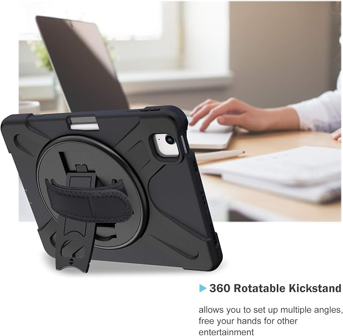 ProCase Rugged Case for iPad Air 11 inch (M2) 2024/ Air 5th / 4th Gen 10.9 Heavy Duty Shockproof Cover with Hand Strap 360 Degree Rotatable Kickstand -Black