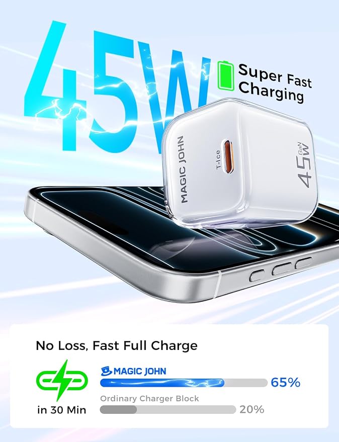 MAGIC JOHN 45W PD USB C Charger Fast Charging Wall Power Adapte Blue | Compact Size Safe PD Fast Charging Stable Power Output Universal for Cell Phones Tablets &amp Light Laptops