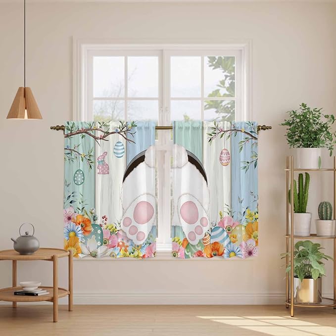 Easter Kitchen Curtains 54 Inch Long 2 Panel Set, Rod Pocket Window Curtains