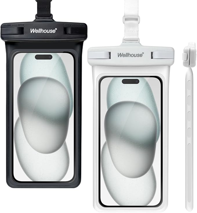 wellhouse Waterproof Phone Pouch, Waterproof Phone Case for iPhone 16 15 14 13 12 Pro Max XS Samsung, IPX8 3D Cellphone Dry Bag Beach Essentials (2 Pack - Black & White7.0, 7 inch)