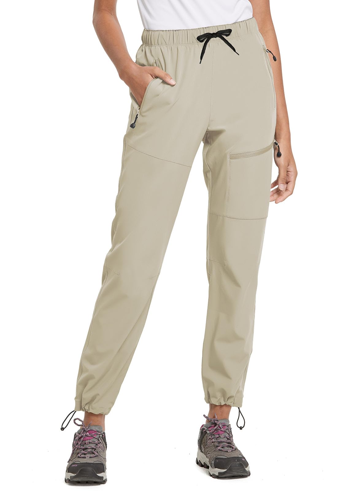baleaf Cargo Pants for Women Petite Joggers Lightweight Quick Dry Pant Water Resistant 27'' Travel Workout Athletic Suntan Size M