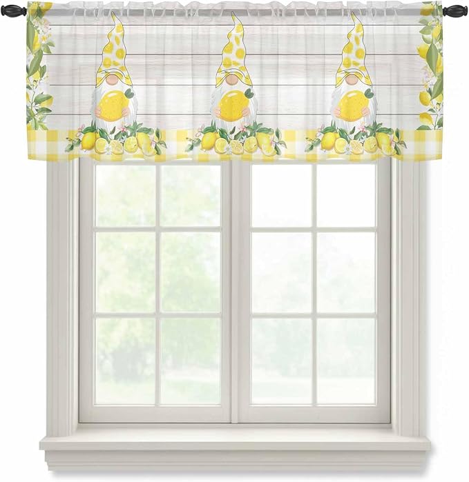 Lemon Dwarfs Sheer Valance Curtains, Gnome Green Leaf Wood Striped Yellow Plaid