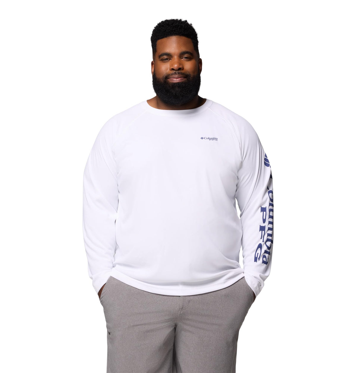 Columbia Men's PFG Terminal Tackle Long Sleeve Fishing Shirt, White/Nightshade Logo, 5X Tall