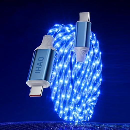 IHAO Multi Ports Light-Up USB Cable USBA to USBC/MicroUSB Cable Durable Fast Charging Cable with Visible Current Flow As Night Light Use-3in1 Blue