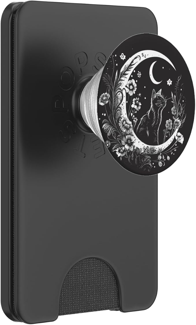 Cat Sitting On Crescent Moon Flowers Stars Drawing PopSockets Adhesive PopGrip