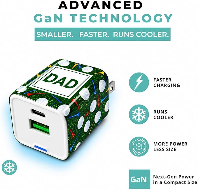 Classy Chargers DAD 20W GaN Fast Charger Gift Set Dual USB-C &amp USB-A Wall Adapter with Universal 3-in-1 Charging Cable for Man (Golf Dad)