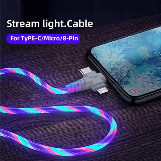 IHAO Multi Ports Light-Up USB Cable USBA to USBC/MicroUSB Cable Durable Fast Charging Cable with Visible Current Flow As Night Light Use-3in1 Blue
