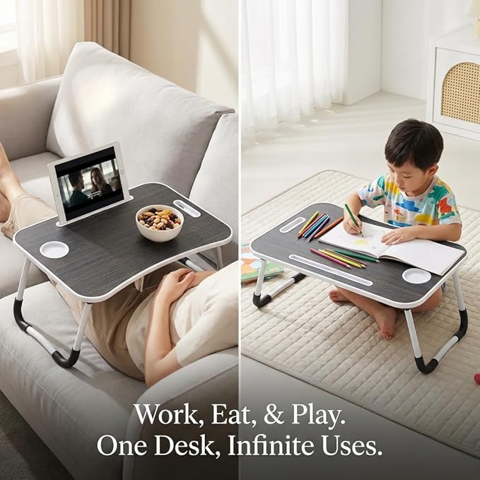BUYIFY Folding Lap Desk, 23 Inch Portable Wood Black Laptop Bed Desk Lap Desk with Cup Holder, for Working Reading Writing, Eating, Watching Movies for Bed Sofa Couch Floor