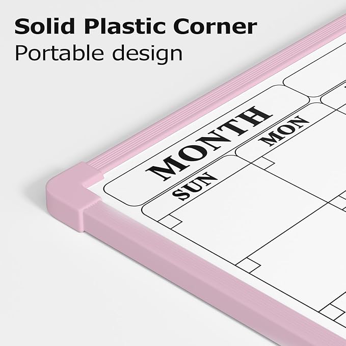 Pink Frame Whiteboard Calendar, 16" x 12" Plastic Dry Erase Board Calendar, Small Monthly Planner for Wall