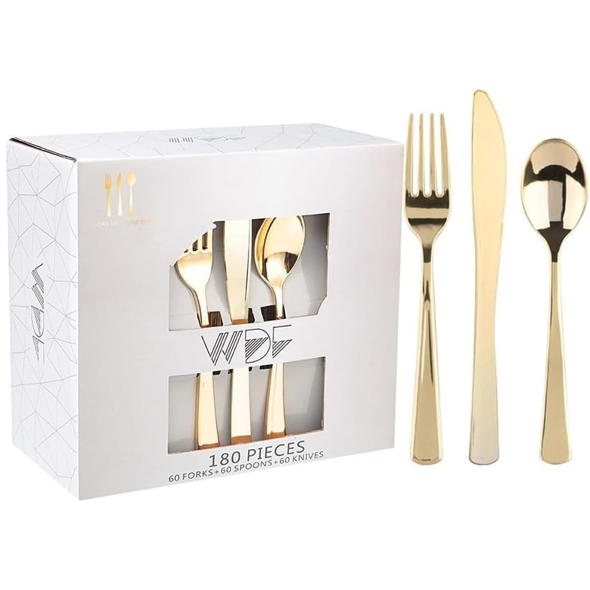 WDF 180PCS Blue Plastic Silverware -Blue and Gold Plastic Cutlery 60 Forks, 60 Knives, 60 Spoons - Heavy Duty Disposable Silverware for Party/Wedding/Birthday
