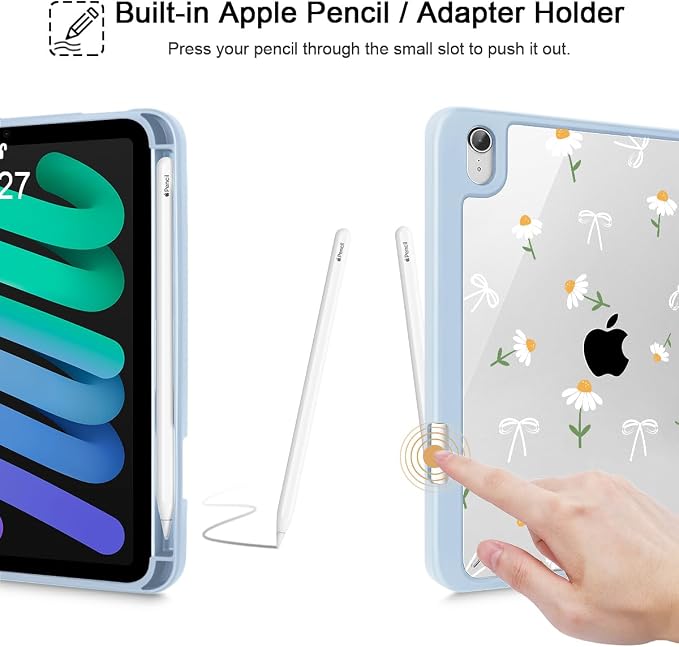 Case for iPad mini (A17 Pro 7th Generation) 2024/iPad Mini (6th Gen) 8.3 Inch with [Built-in Pencil Holder] Shockproof Cover with Clear Transparent Back Shell &amp Auto Wake/Sleep - Blue Bows