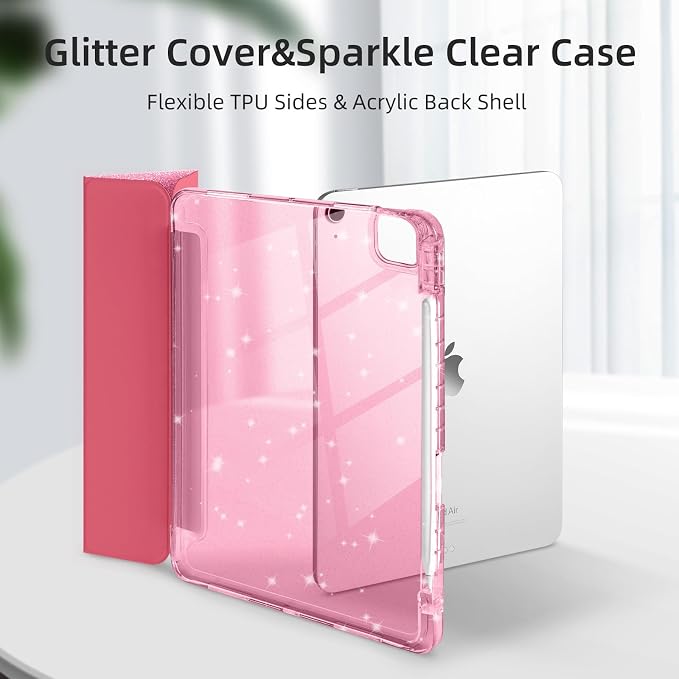 Case for iPad Air 13 Inch (M4/M3/M2 2026/2025/2024) &amp iPad Pro 12.9 6/5th Gen (2022/2021) Glittering Sparkly Cover with Shiny Clear Back Shell Trifold Stand Case with Pencil Holder Black