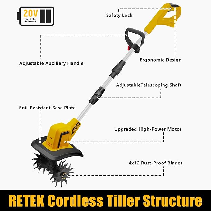RETEK Adjustable Cordless Tiller, Compatible with Dewalt 20V Battery(Tool Only), 360RPM Electric Garden Tiller, 9.06In Tilling Width & 7.09In Depth, Portable Tiller for Flower Beds/Plant Cultivation