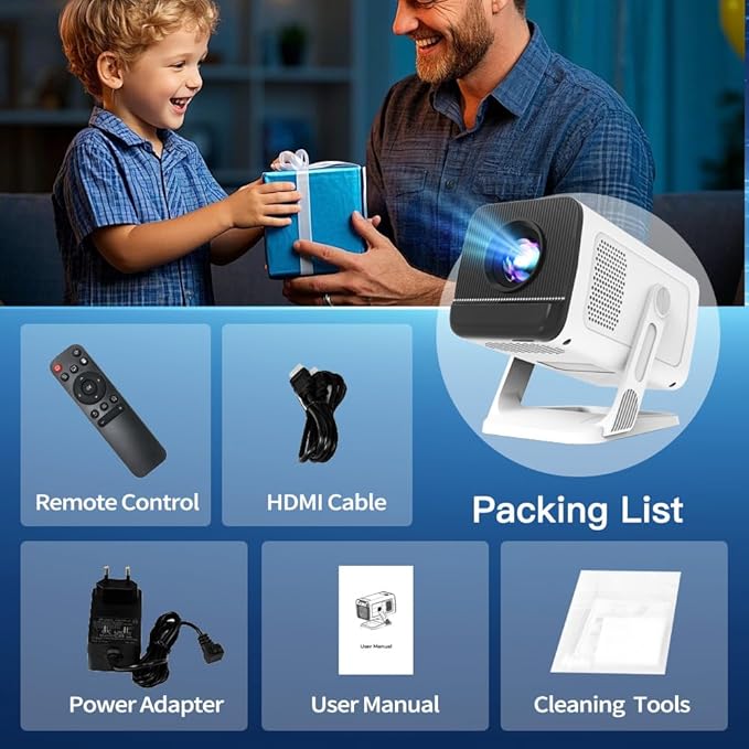 Mini Projector with WiFi 6 and Bluetooth 5.4 Built-in Apps Portable Projector Android 11 Auto Keystone 1080P 4K Support for Bedroom Outdoor Compatible with iOS/HDMI/TV Stick VisualCube 300