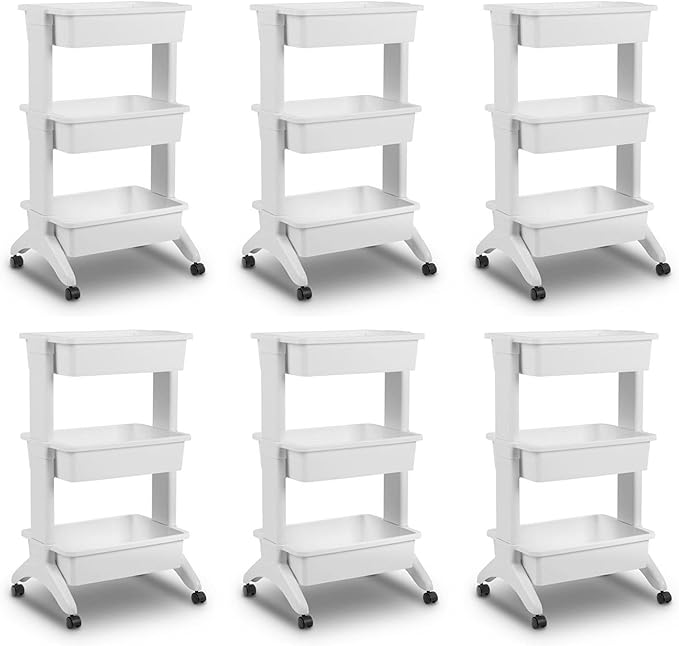 Sterilite 3 Tier Utility Cart Portable Storage Open Bin Organizer with 360 Degree Smooth Rolling Caster Wheels, Supports 10 lb Per Tier, White, 6-Pack