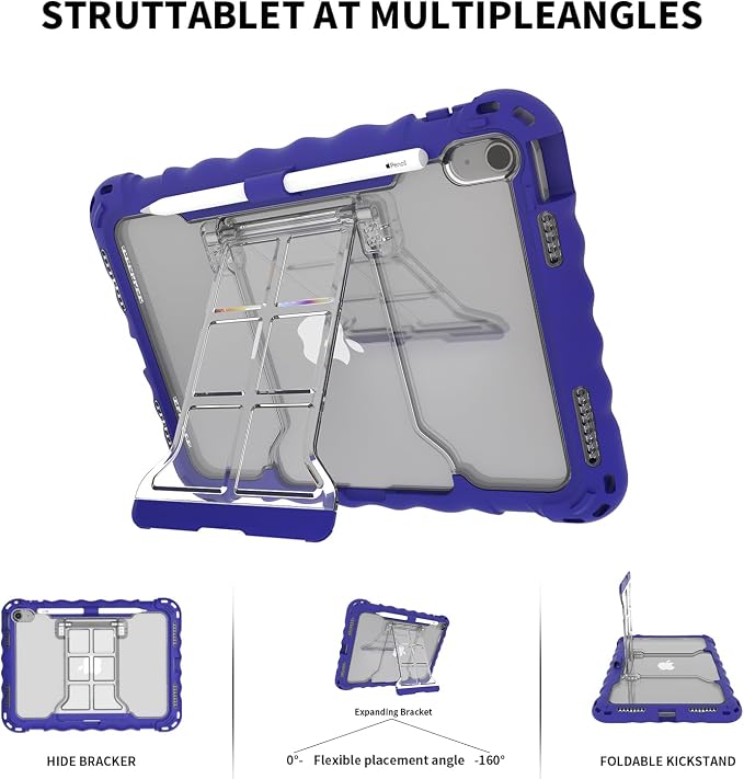 iPad (A16) 11th Generation 2025 11-inch/10th Generation 2022 10.9-inch Protective Case Silicone Shockproof Case with Screen Protector Pencil Storage Slot Shoulder Strap Handle Stand (A-Blue)