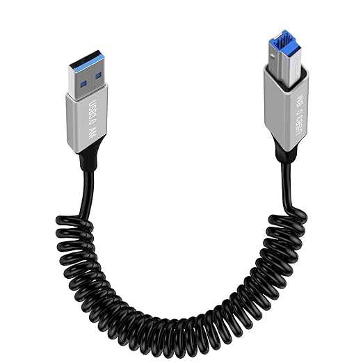 Coiled USB A to B Printer Cable Coiled USB 3.0 Printer Cable Super Speed 5Gbps for Scanner External Hard Drives Multifunction Printers (Type A 1 m)