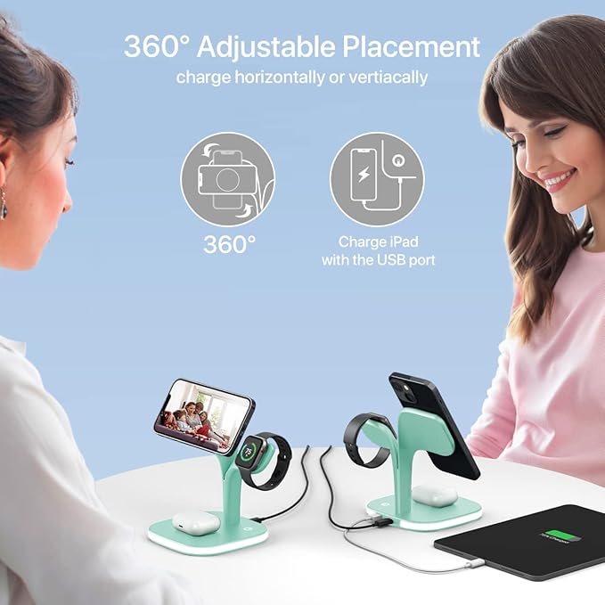 EXW Charging Station, Magnetic Wireless Charger,5 in 1 Fast Mag-Safe Wireless Charger Stand for iPhone 17/Air/16/15/14/13/12 Pro/Max/Mini/Plus, Apple Watch 10/9/ 8/7/6/SE/5/4/3/2 and Airpods 3/2/Pro