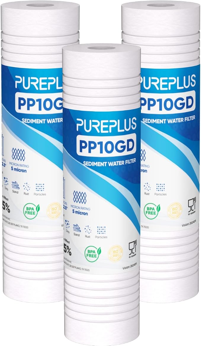 PUREPLUS 5 Micron 10" x 2.5" Whole House Grooved Sediment Home Water Filter