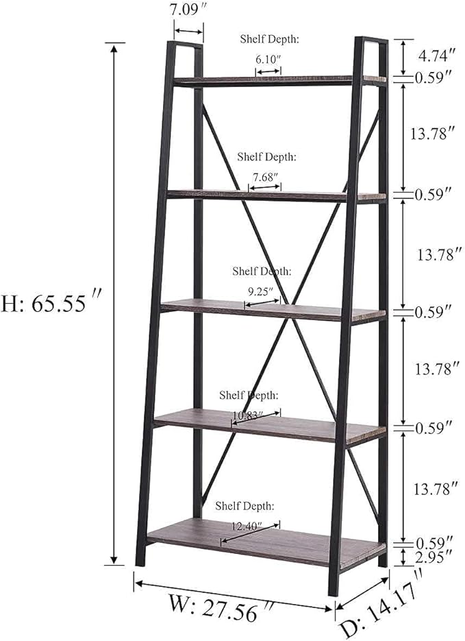 BON AUGURE 5-Tier Ladder Shelf, Industrial Leaning Bookcase, Wood and Metal Ladder Bookshelf for Living Room, Bedroom, Kitchen, Home Office (Grey Oak)