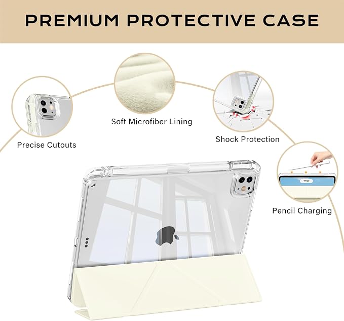Clear Case for iPad Pro 12.9 inch 6th/5th/4th/3rd Gen with Y-fold &amp Trifold Stand Pencil Holder Support Pencil Charging [Auto Wake/Sleep] Lightweight Shockproof Hard PC Back Cover Black