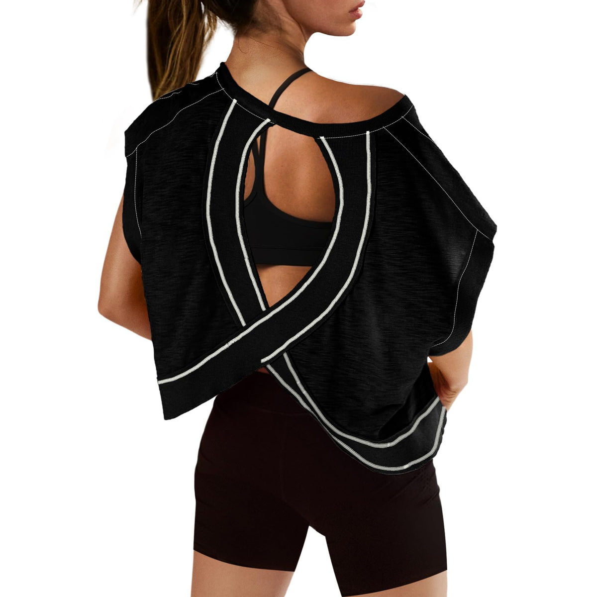 TURVAND Womens Open Back Workout Tops Loose Fit Athletic Short Sleeve Shirts Backless Cute Crop Top Gym Running Yoga Tee 2026