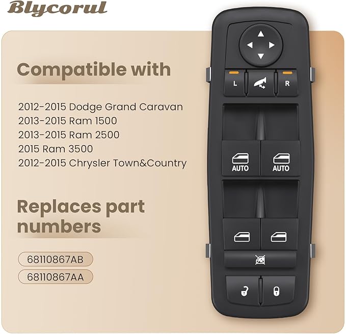 Blycorul Master Power Window Switch Driver Side with 3+9 Pins Replacement for 2012-2015 Dodge Grand Caravan，2013-2015 Ram 1500 2500,2015 Ram 3500,2012-2015 Chrysler Town&Country, Replaces 68110867AA